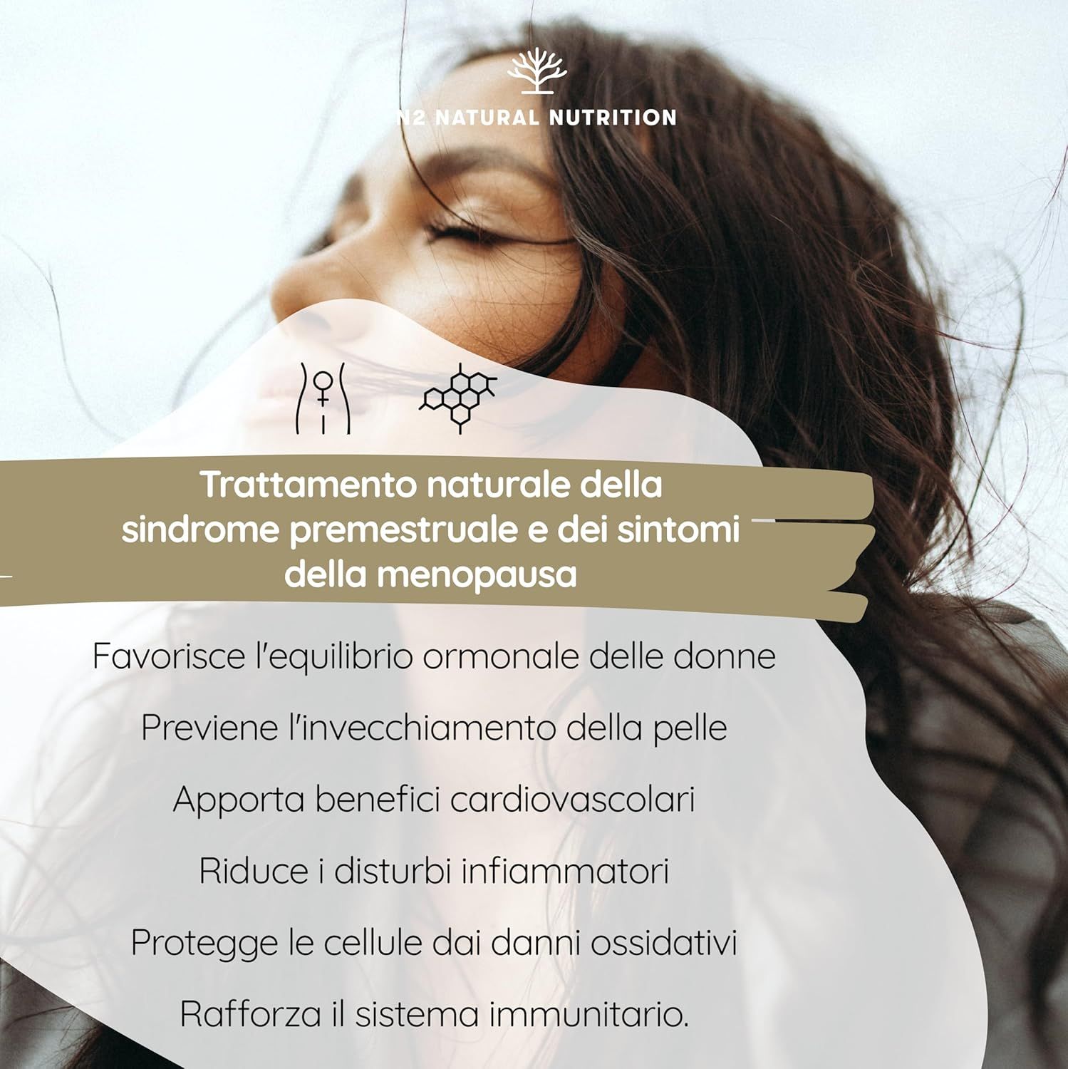 Donna con tessuto bianco. Testo: Trattamento naturale della sindrome premestruale e della menopausa. Favorisce l'equilibrio ormonale.