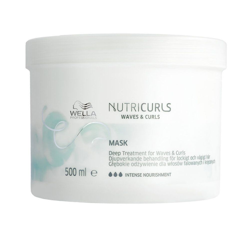 Vaso bianco Wella Nutricurls Mask. Scritta: Nutricurls Waves & Curls, Mask, 500 ml. Grafica onde blu.