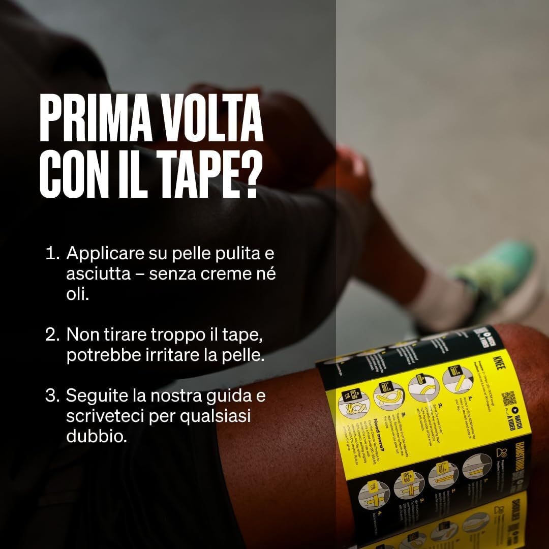 Istruzioni per l'applicazione del tape kinesiologico su un braccio. Testo: "Prima volta con il tape?".