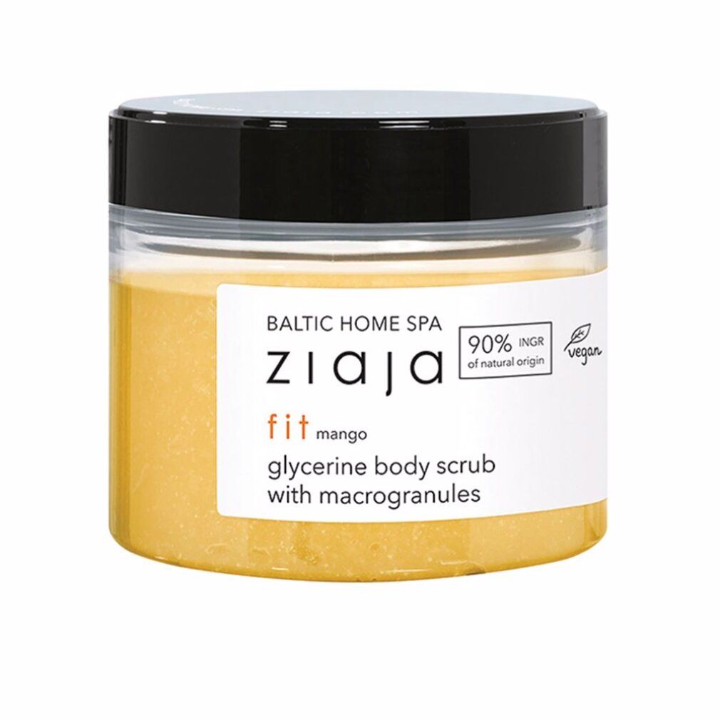 Barattolo di scrub corpo giallo. Etichetta con testo: ZIAJA fit mango, scrub corpo alla glicerina con macrogranuli. Sigillo vegano.