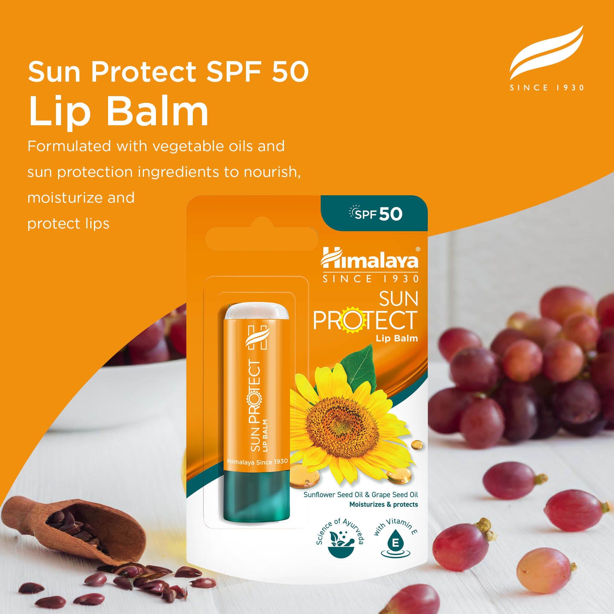 Balsamo labbra Himalaya Sun Protect SPF 50 nella sua confezione, con girasoli, uva e olio.