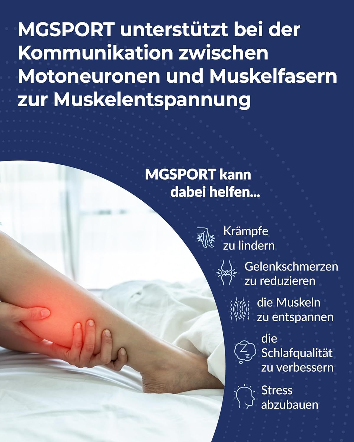 Gamba con marcatura rossa. Testo: MGSPORT supporta la comunicazione tra motoneuroni e fibre muscolari per il rilassamento muscolare. Aiuta con i crampi.