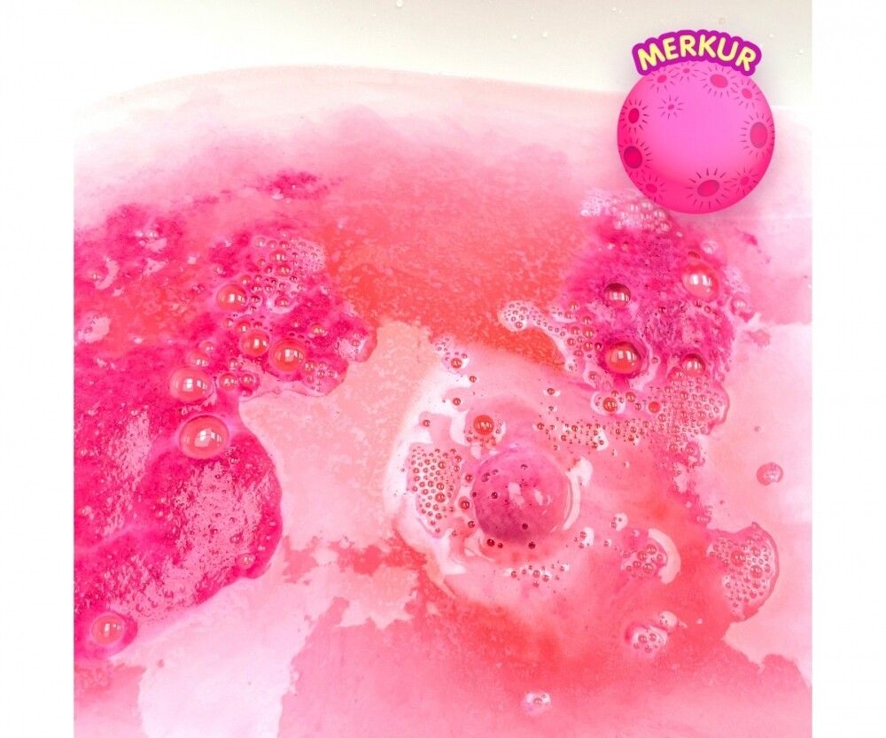Acqua da bagno rosa con bolle. Simbolo di Mercurio in alto a destra.