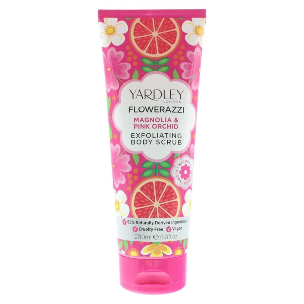 Scrub corpo Yardley Flowerazzi Magnolia & Pink Orchid, 200ml. Con motivi floreali e di agrumi.