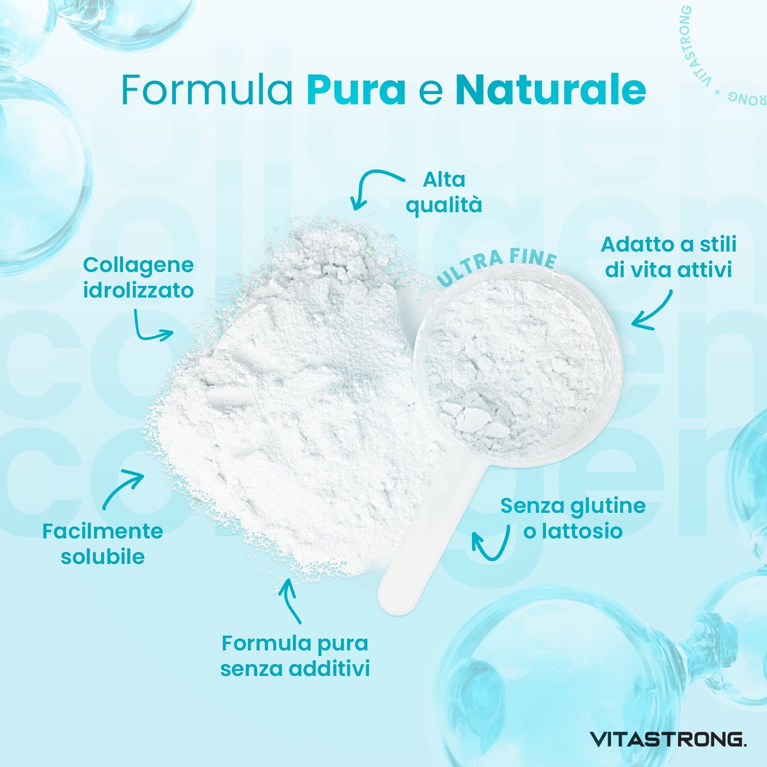 Vitastrong Collagene, polvere e cucchiaio. Testo: facilmente solubile, senza glutine o lattosio, formula pura senza additivi.