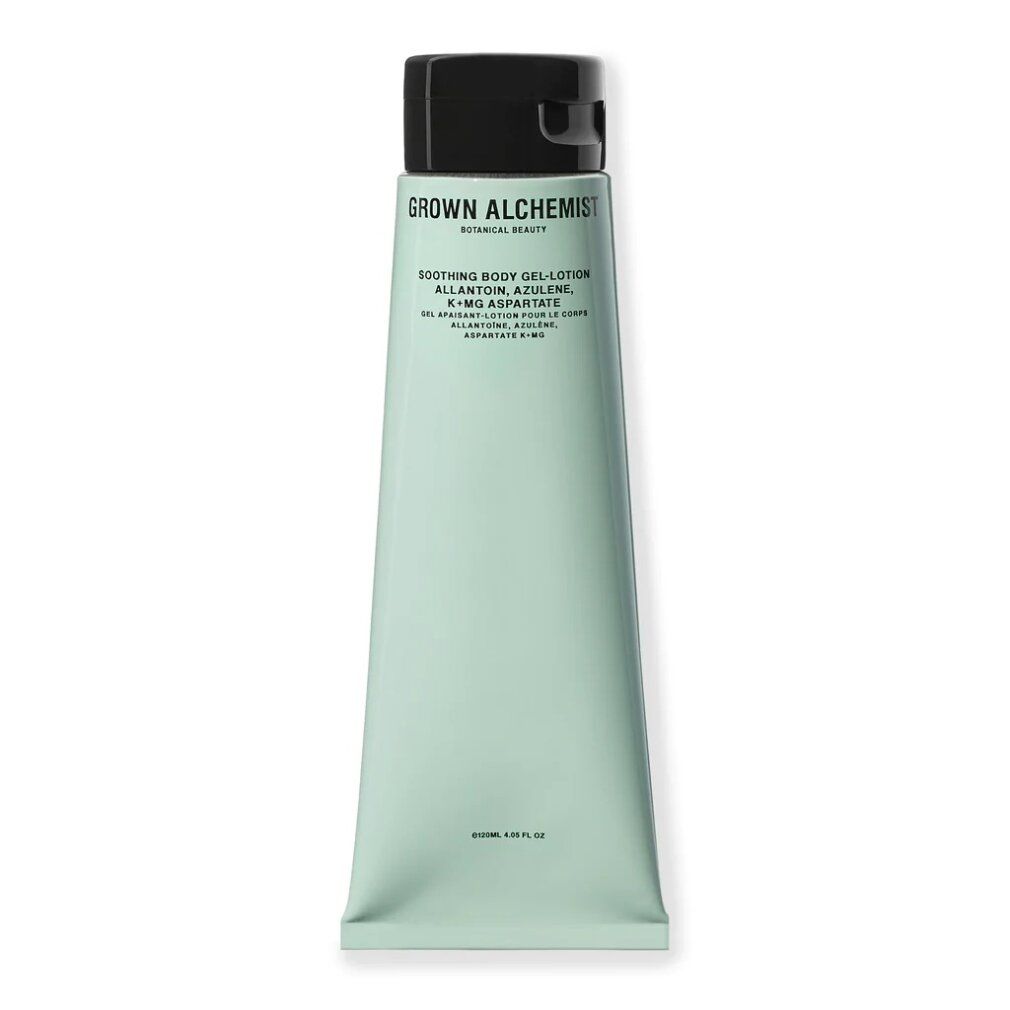 Tubo verde chiaro con tappo nero. Scritta: Grown Alchemist, Soothing Body Gel-Lotion. Testo nero.