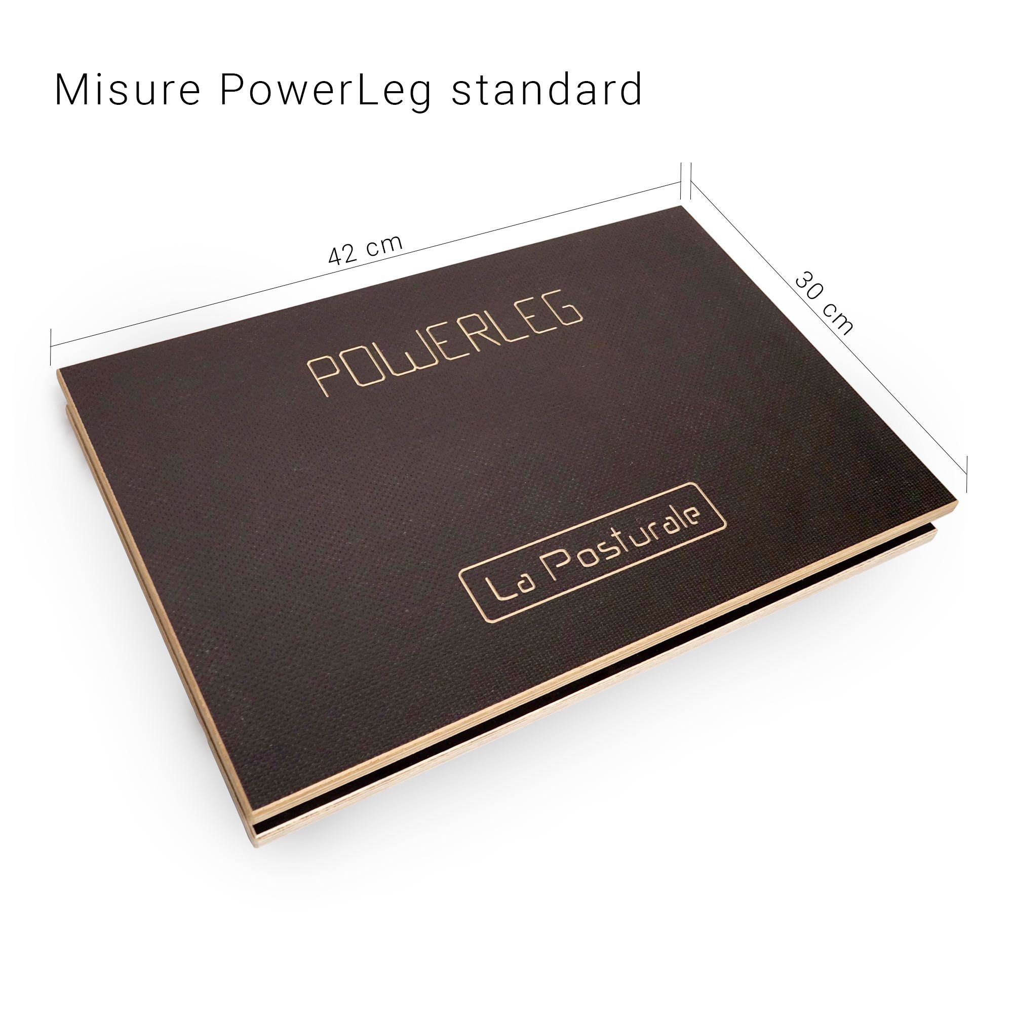 Piattaforma in legno nero con scritte "POWERLEG" e "La Posturale". Dimensioni: 42x30 cm.