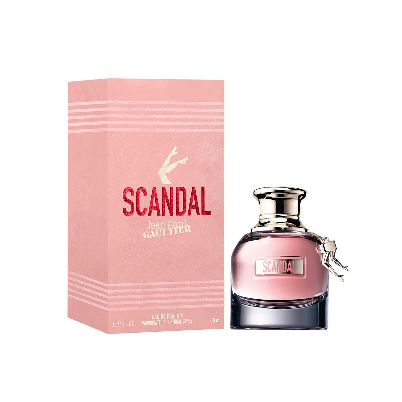 Scatola e flacone rosa. Scritta SCANDAL, Jean Paul Gaultier. Flacone con gambe.