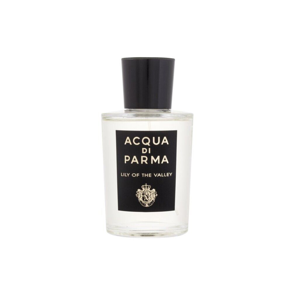 Flacone di profumo con tappo nero. Su etichetta nera: Acqua di Parma, Lily of the Valley. Logo dorato.