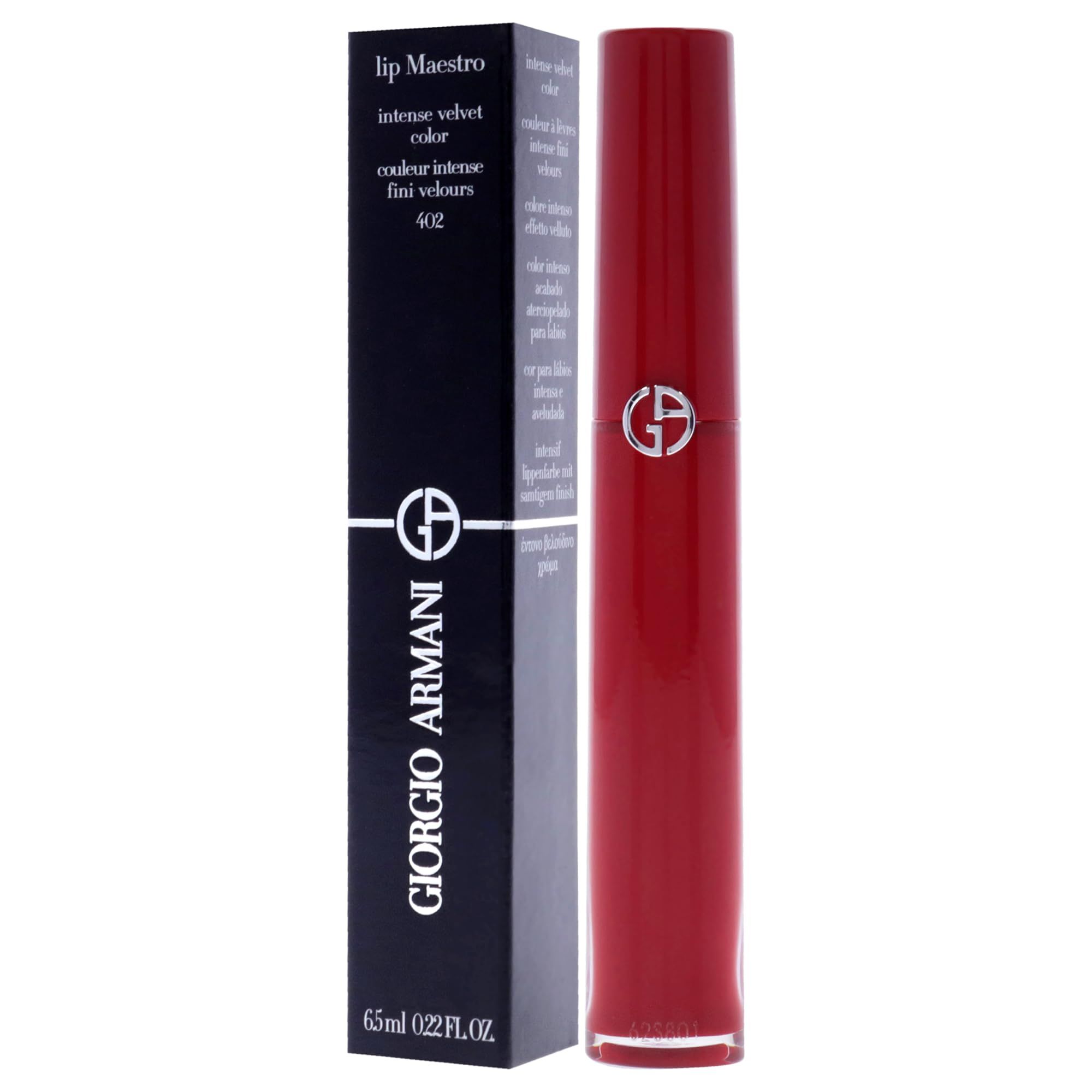 Rossetto rosso e confezione nera. Sulla confezione sono presenti le scritte "Giorgio Armani" e "lip maestro intense velvet color".