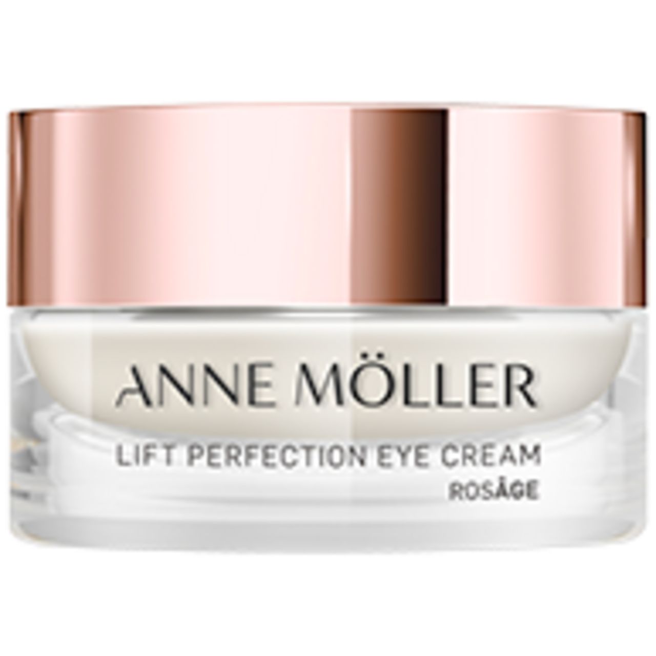 Anne Möller Lift Perfection Eye Cream Rosâge in contenitore di vetro con coperchio color oro rosa.