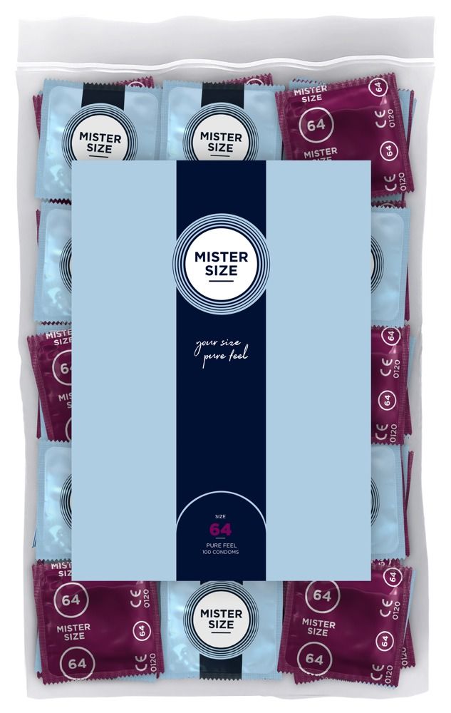 Confezione da 100 preservativi Mister Size 64 XXL Pure Feel, fronte.