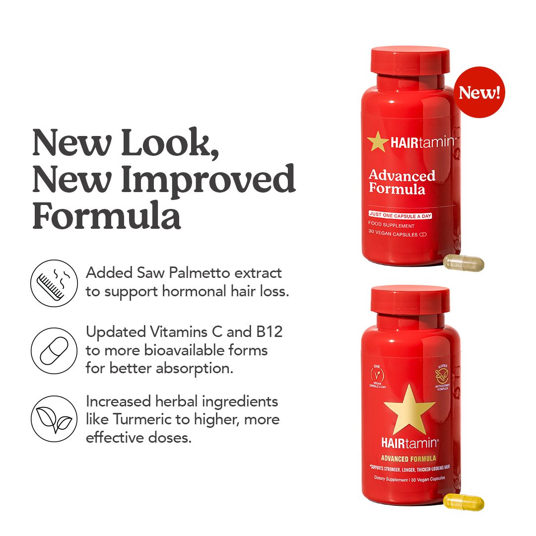 Due flaconi rossi HAIRtamin Advanced Formula. Scritta: Advanced Formula. Due capsule accanto. Testo: New Look, New Improved Formula.