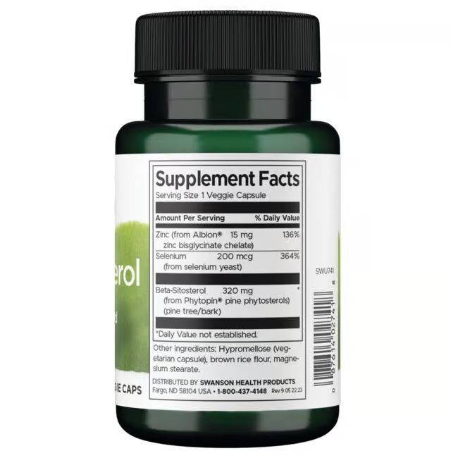Retro di un flacone verde. Scritta: Supplement Facts. Contiene Beta-Sitosterolo 320 mg. Elenco ingredienti e informazioni nutrizionali.