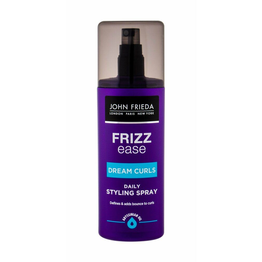 Flacone spray viola con erogatore nero. Scritte: John Frieda, Frizz Ease, Dream Curls, Daily Styling Spray.
