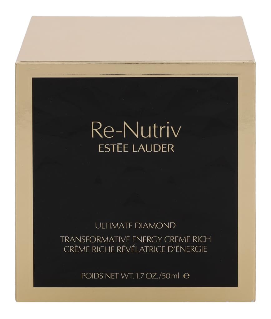 Scatola dorata con riquadro nero. Scritta: Re-Nutriv, Estée Lauder. Testo: Ultimate Diamond, Transformative Energy Creme Rich.