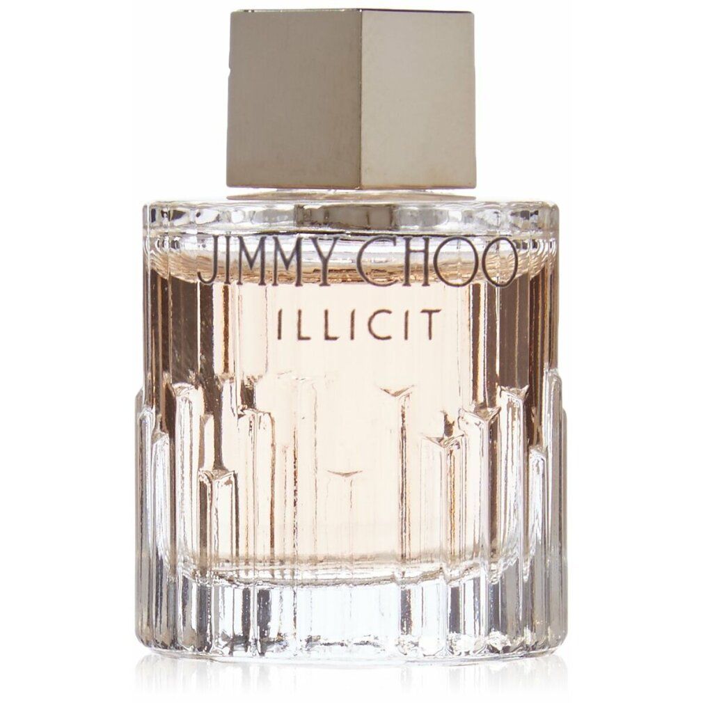 Flacone di profumo con tappo argentato. Scritta: Jimmy Choo Illicit. Flacone in vetro trasparente con base scanalata.