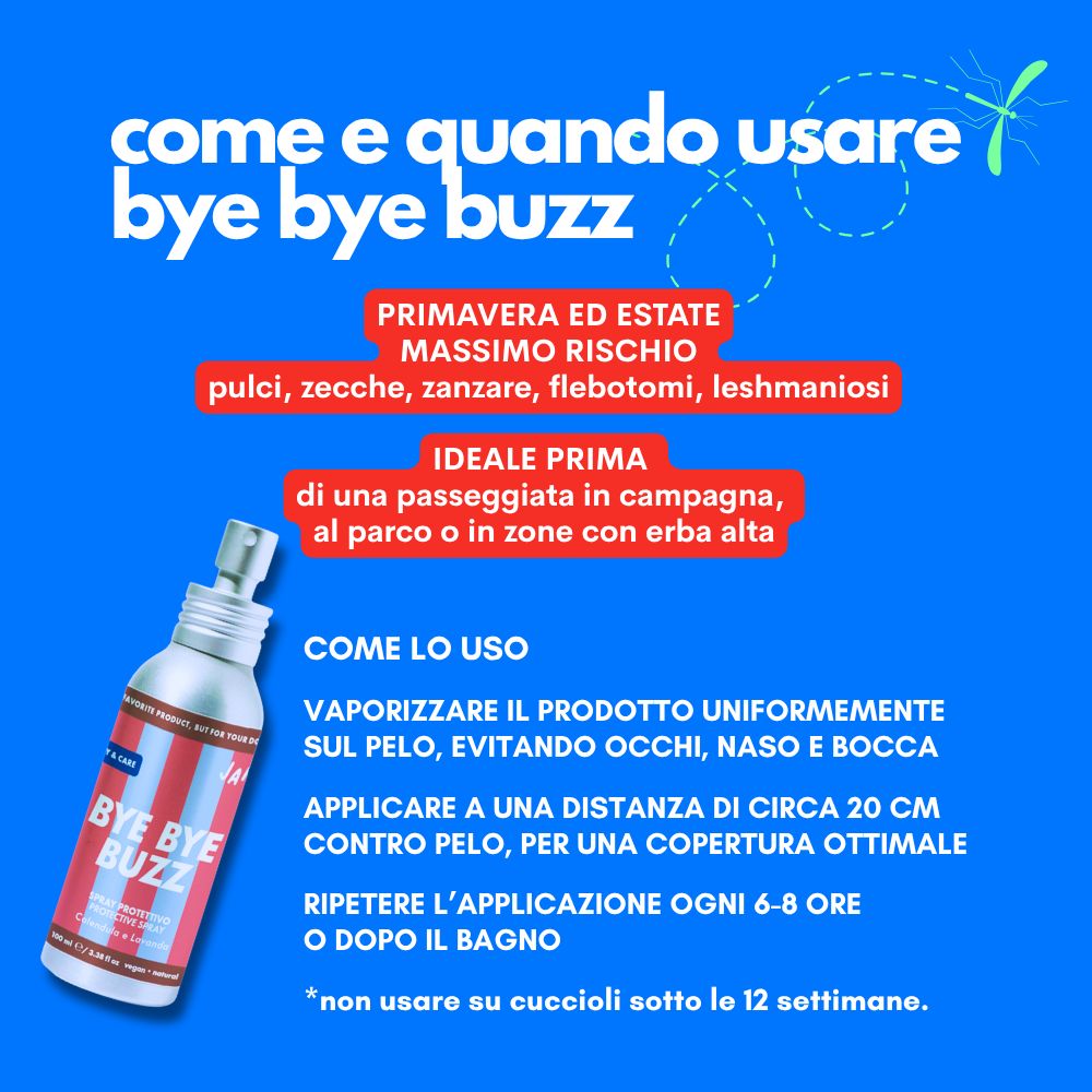 Sfondo blu con testo e immagine del prodotto. Testo: Come e quando usare Bye Bye Buzz. Istruzioni per l'uso.