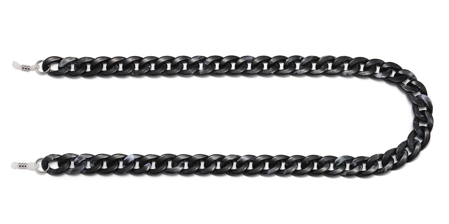 Catena per occhiali nera, disposta dritta. Maglie in plastica, estremità argentate per il fissaggio agli occhiali.