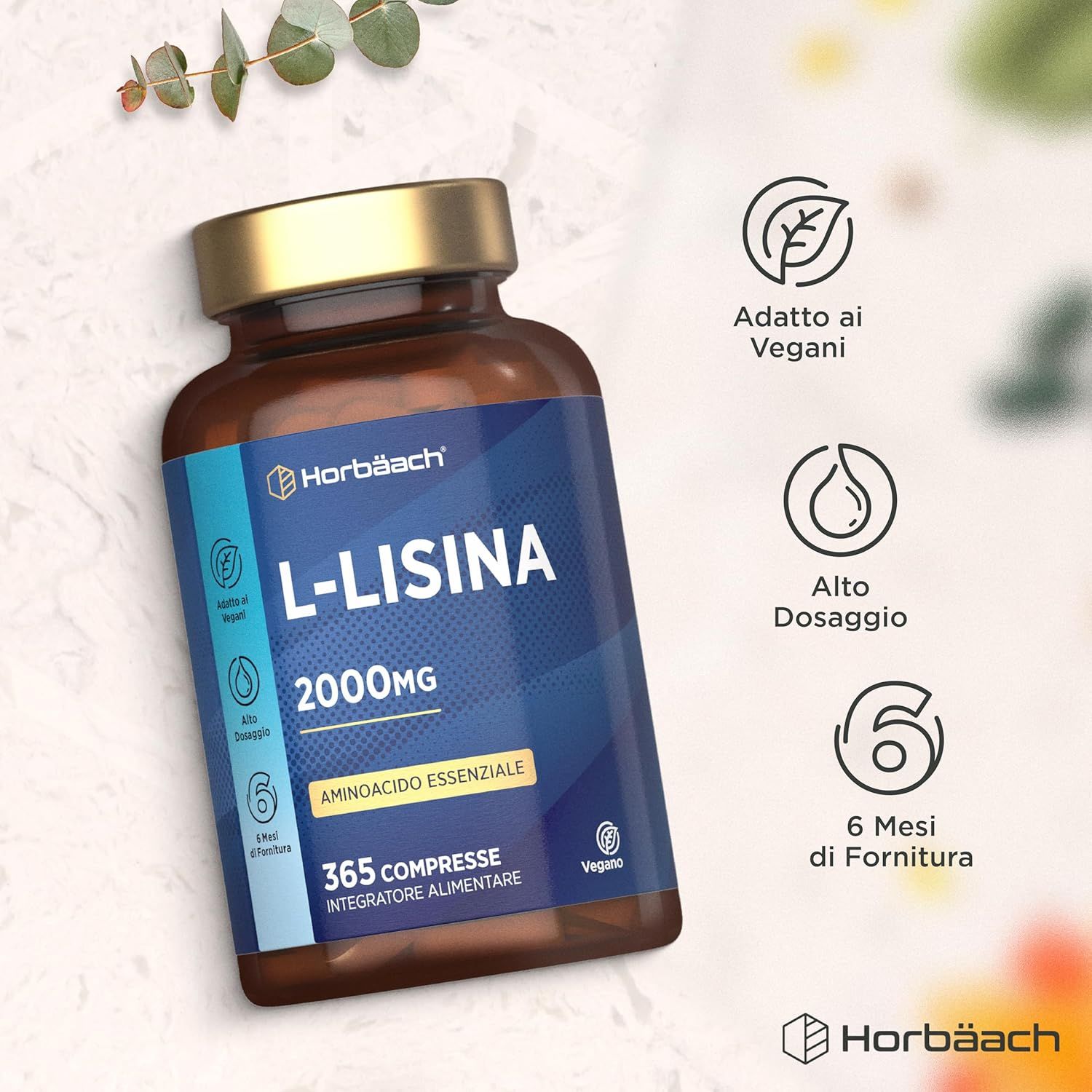 Flacone marrone con etichetta blu. L-Lisina 2000mg, 365 compresse. Vegano. Horbaach.