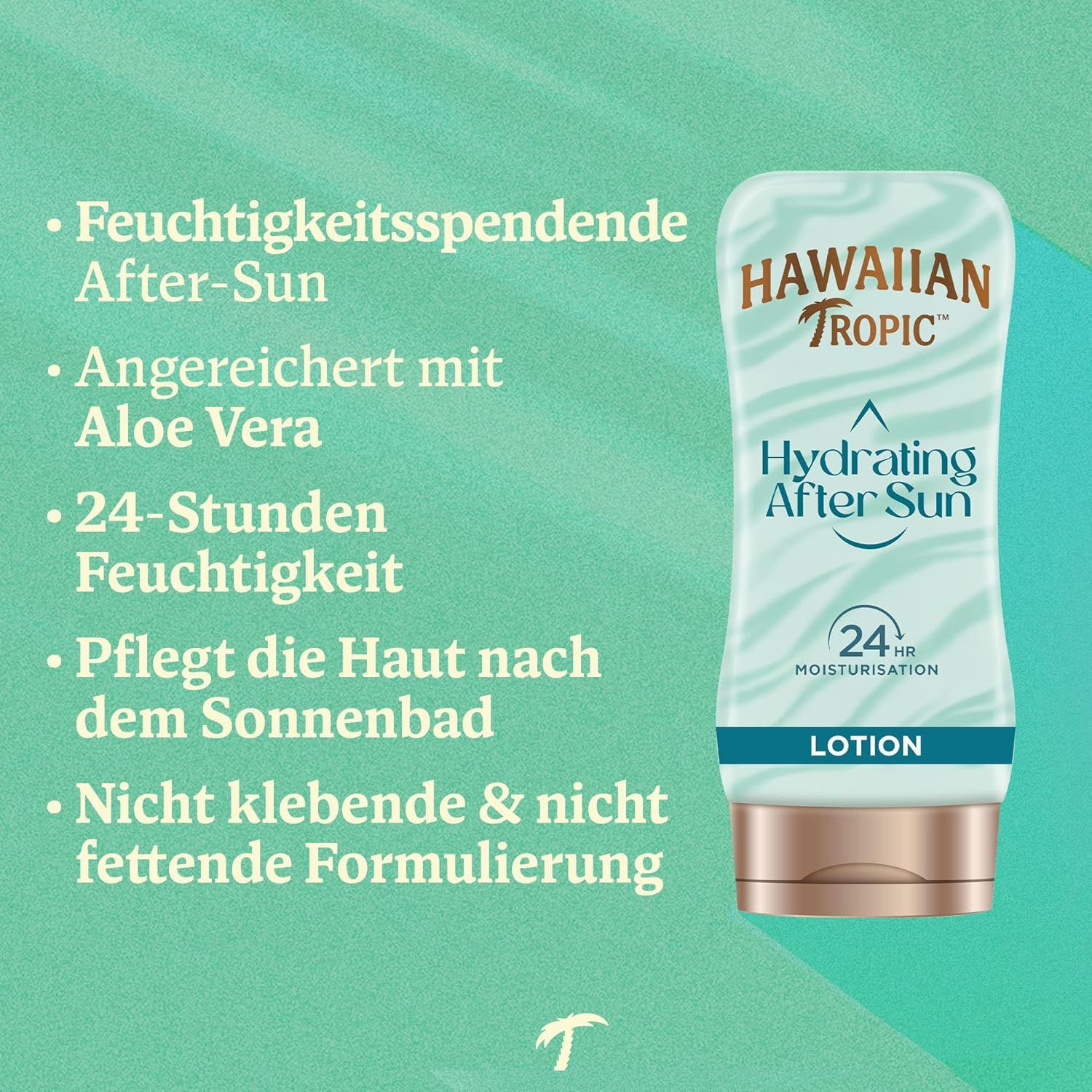 Hawaiian Tropic Hydrating After Sun Lotion. Prodotto con testo: Idratante, Aloe Vera, 24h idratazione, non grasso.