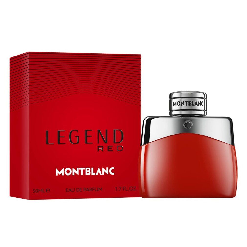 Flacone rosso e confezione rossa. LEGEND RED e MONTBLANC sulla confezione. Flacone e confezione affiancati.