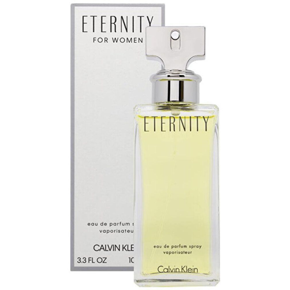 Flacone e confezione Eau de Parfum. Scritta: Eternity for Women, Calvin Klein. Flacone rettangolare con tappo argentato.