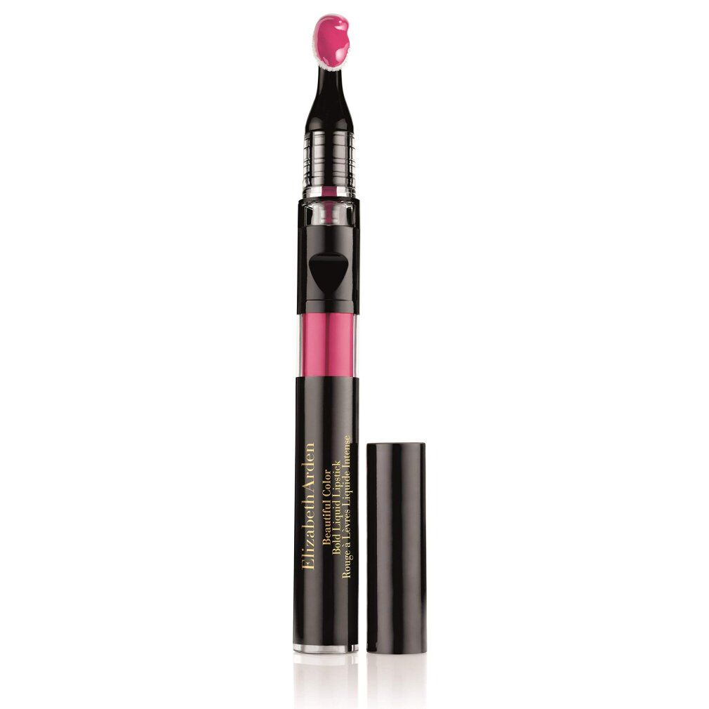 Rossetto liquido con applicatore. Astuccio nero. Colore rosa. Nome del prodotto visibile. Tappo aperto.