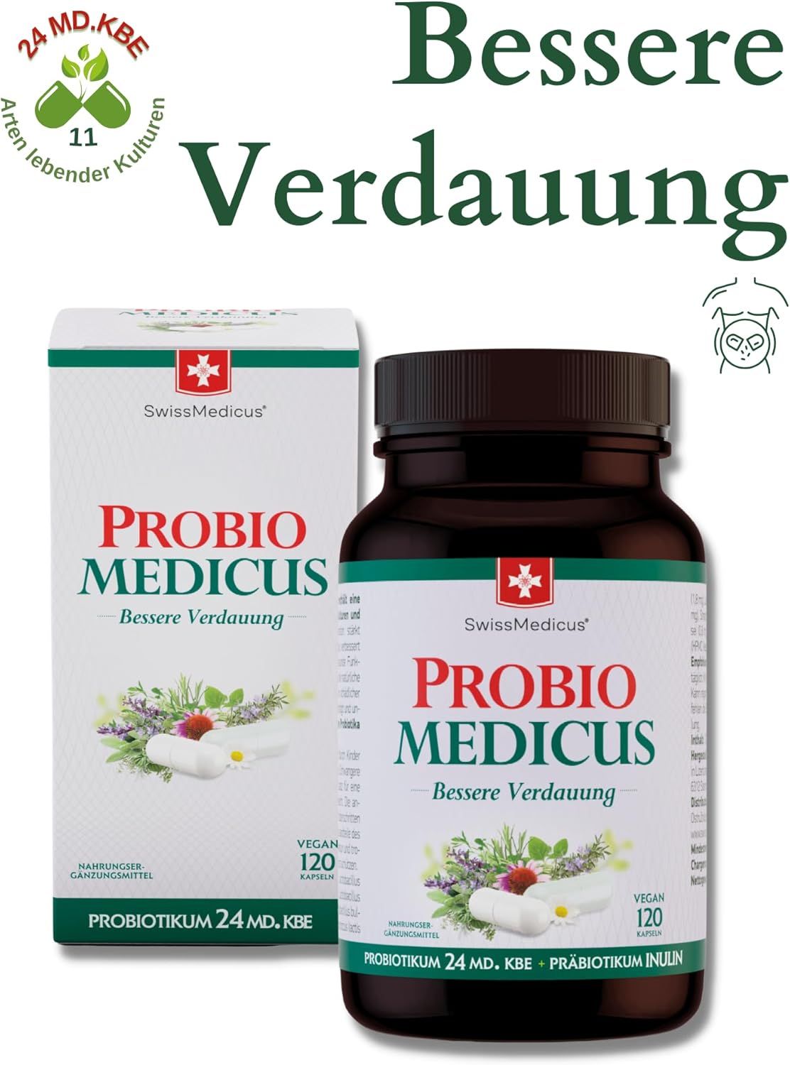 Flacone e scatola PROBIO MEDICUS. 120 capsule. Vegano. Testo: Migliore digestione. Con erbe e fiori.