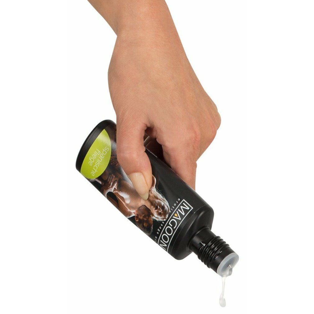 Flacone nero, MAGOON, olio per massaggio erotico. Etichetta con coppia. Spanische Fliege. Liquido versato dall'apertura.