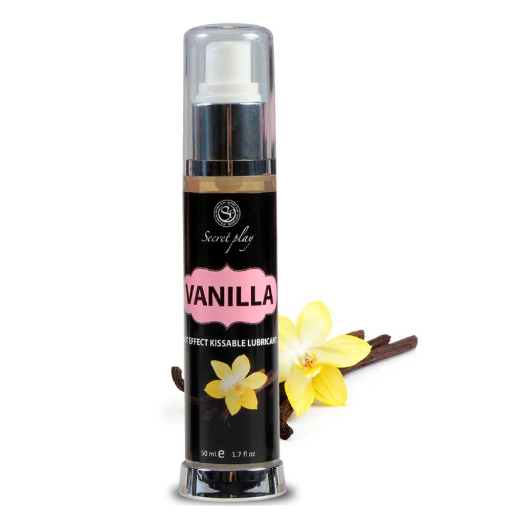 Flacone nero con tappo argentato. Scritta: VANILLA, EFFECT KISSABLE LUBRICANT. Marca: Secret Play. 50 ml. Con vaniglia.