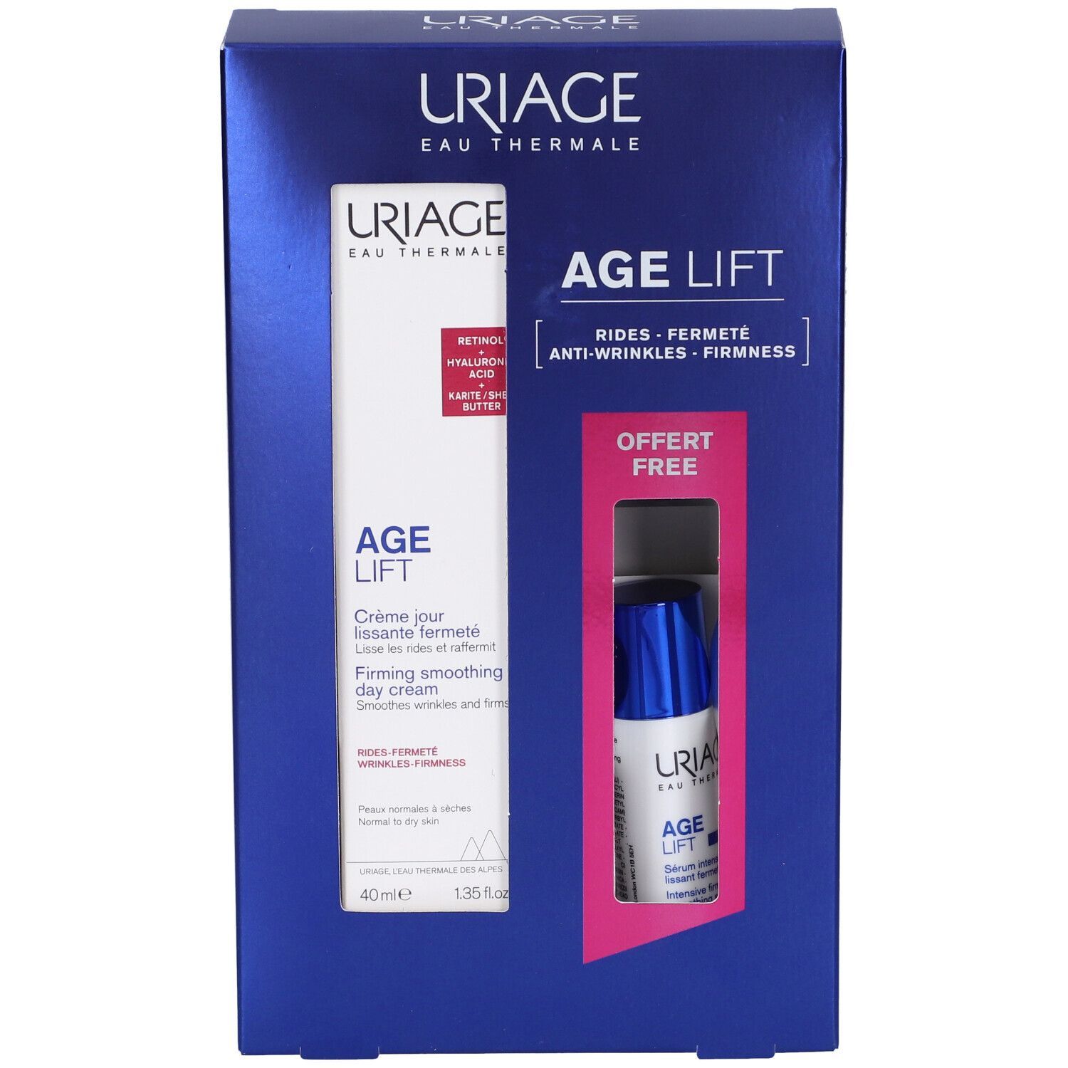 Set regalo Uriage Age Lift. Contiene crema e siero. Confezione blu con nome e logo del prodotto.