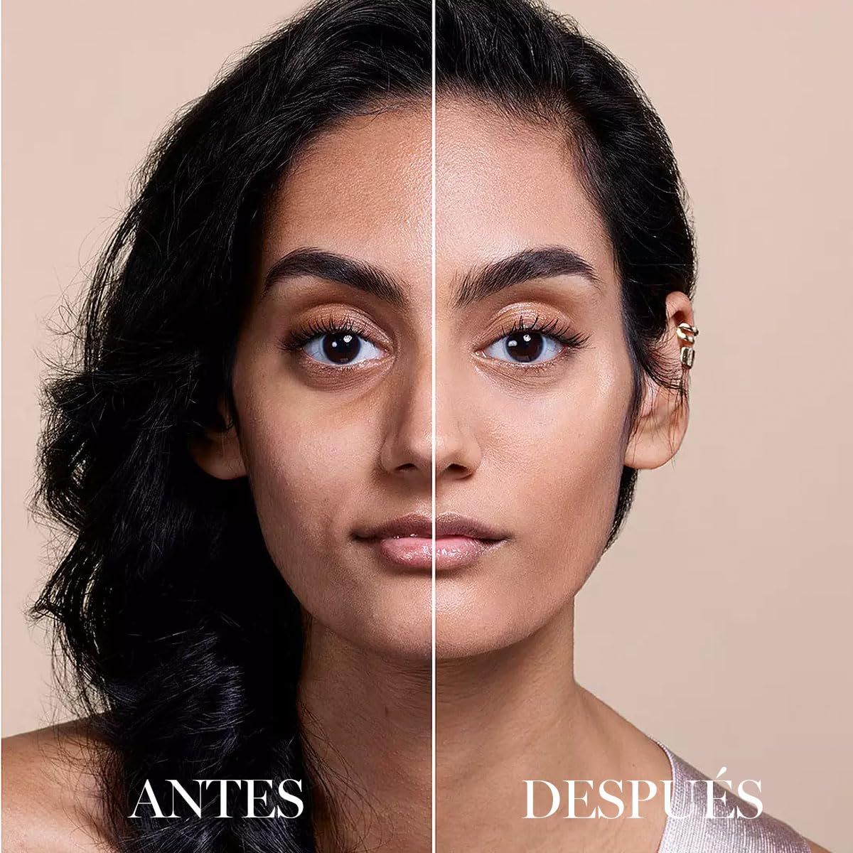 Viso di donna diviso a metà. A sinistra: senza trucco. A destra: con trucco. Testo: Antes/Después.