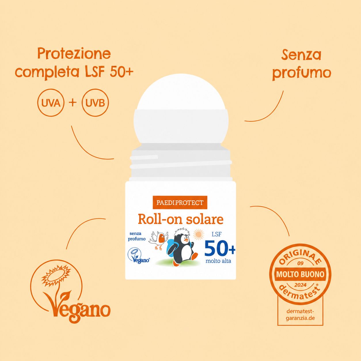 PAEDIPROTECT Roll-on solare LSF 50+ con testi e loghi. Contiene protezione UVA/UVB, è vegano e ha il sigillo Dermatest.