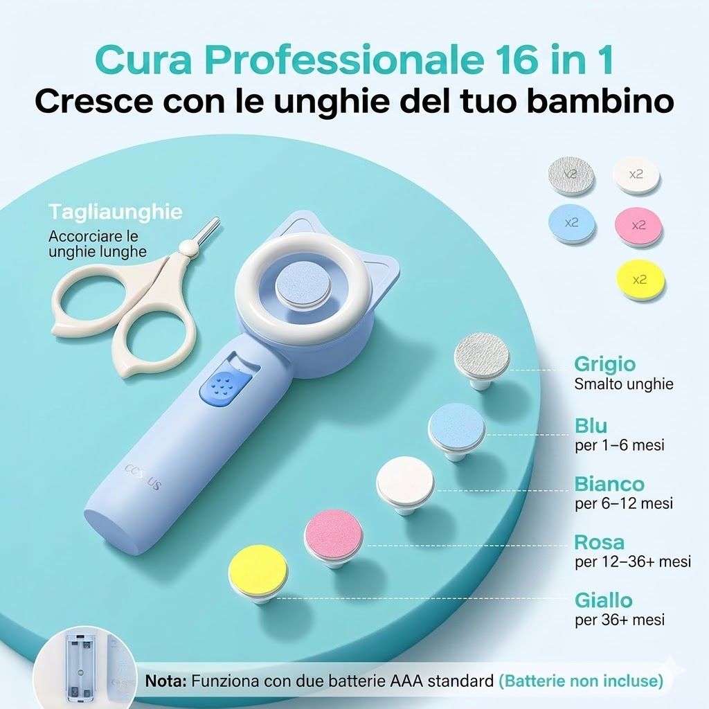 Set per la cura delle unghie blu con accessori. Testine abrasive grigie, blu, bianche, rosa e gialle. Testo: COSLUS, tagliaunghie, batterie.