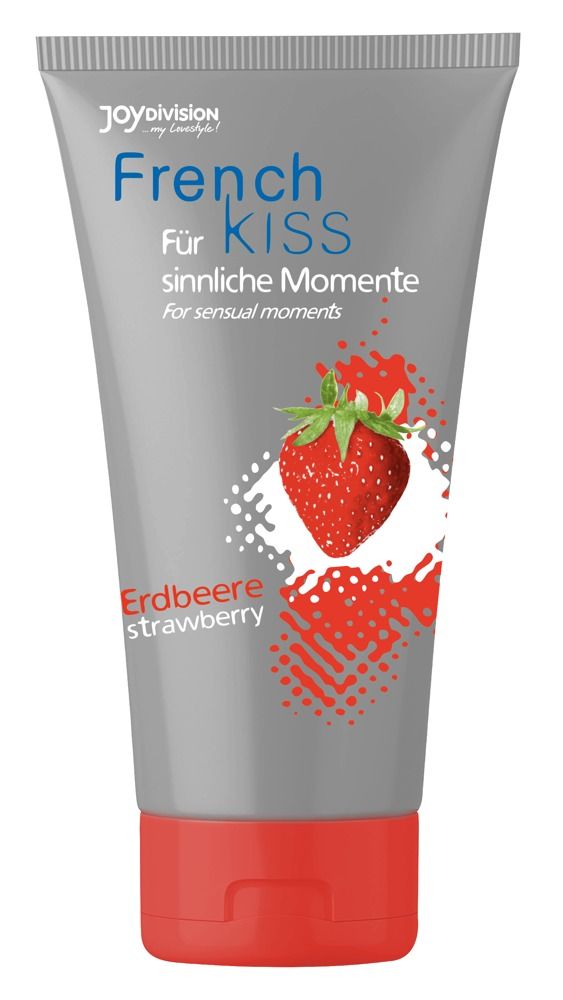 Tubo grigio, tappo rosso. Scritta: French Kiss, Erdbeere, logo Joydivision. Illustrazione fragola.