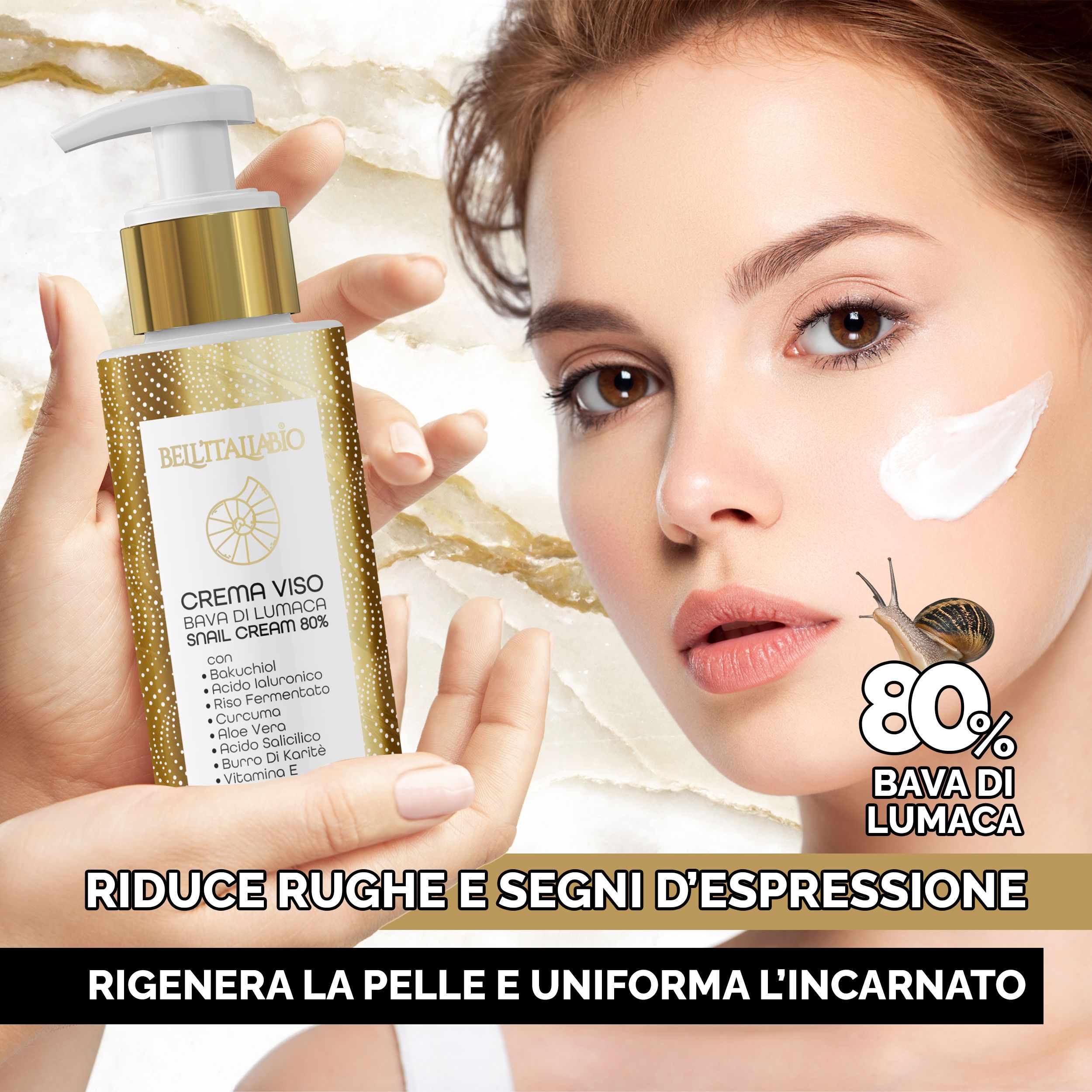 Donna applica crema. Testo: Riduce rughe e segni d'espressione. Rigenera la pelle e uniforma l'incarnato. Lumaca.