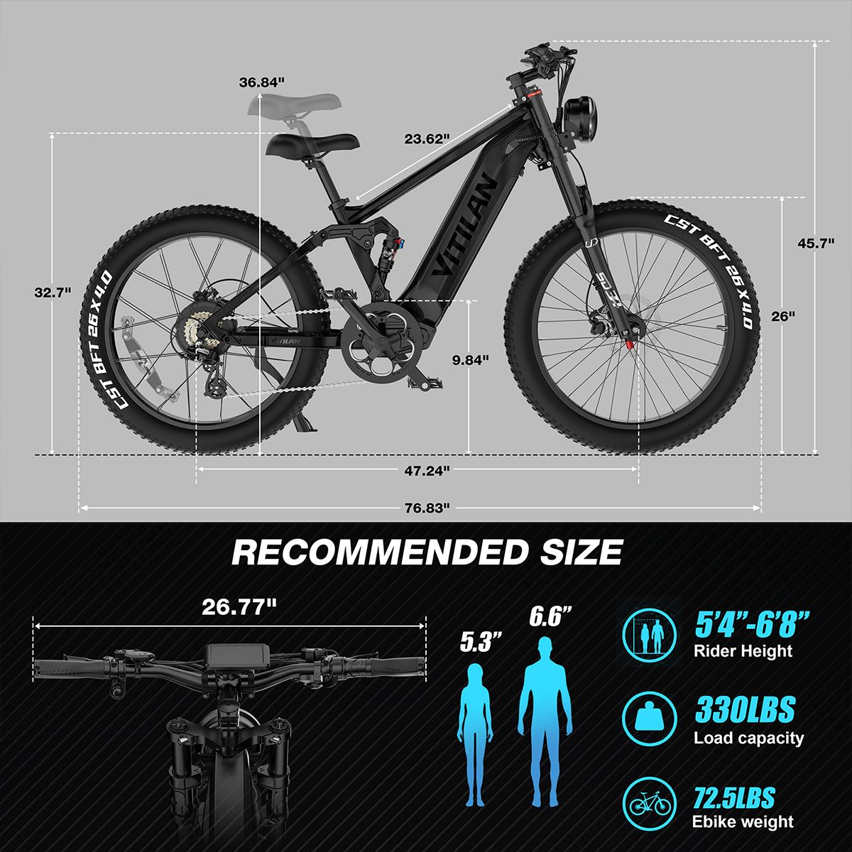 E-bike con dimensioni. Taglia consigliata: 5'4"-6'8". Capacità di carico 330lbs. Peso e-bike 72.5lbs. Larghezza manubrio 26.77".