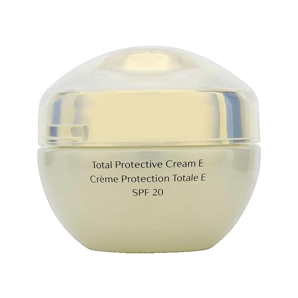 Vaso di crema con coperchio. Scritta: Total Protective Cream E, Crème Protection Totale E, SPF 20.