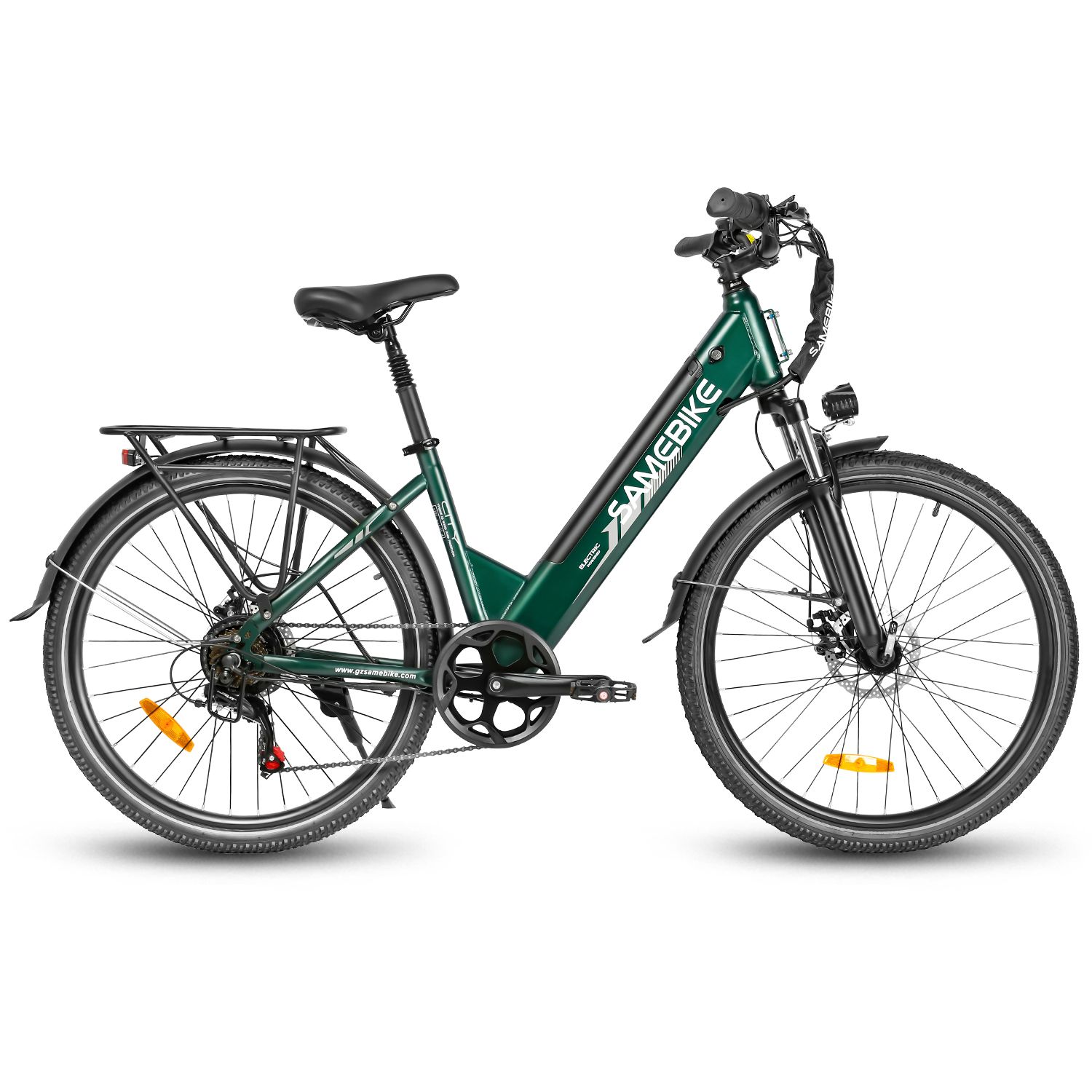 E-bike verde. Marchio SAMEBIKE. Pneumatici neri, portapacchi, faro. Batteria 36V 15Ah.