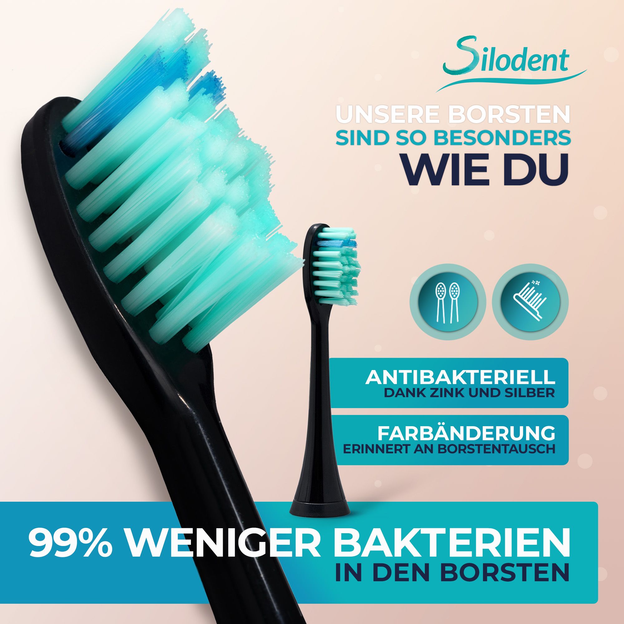 Primo piano delle setole dello spazzolino sonico Silodent: antibatteriche, cambio colore per usura.
