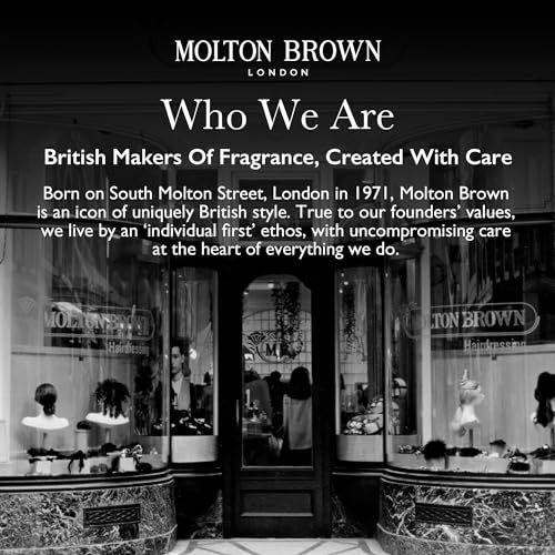 Foto in bianco e nero di un negozio con vetrine. Testo: Molton Brown, Who We Are, British Makers Of Fragrance.