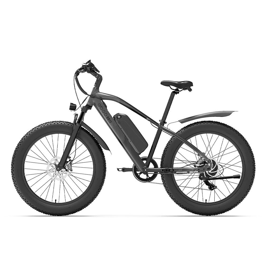 E-bike nero con pneumatici larghi, batteria e parafanghi. Logo GOGOBEST visibile.