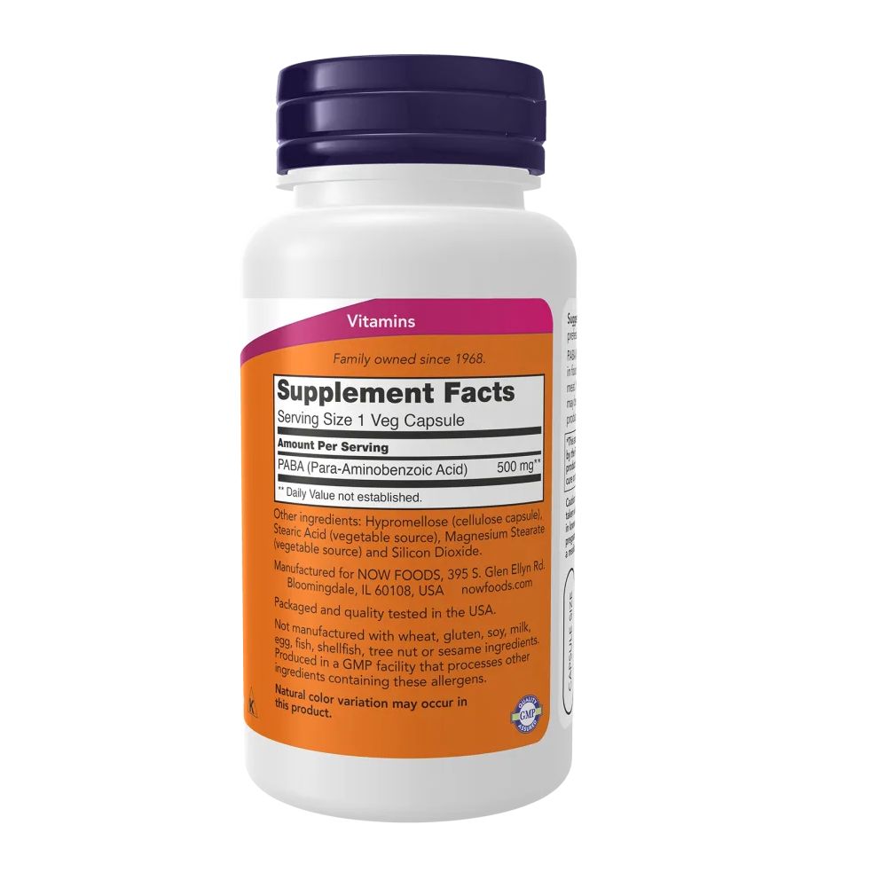 Retro del flacone bianco. Etichetta con informazioni nutrizionali. Testo: PABA (acido para-aminobenzoico) 500 mg. Ingredienti, prodotto negli USA.