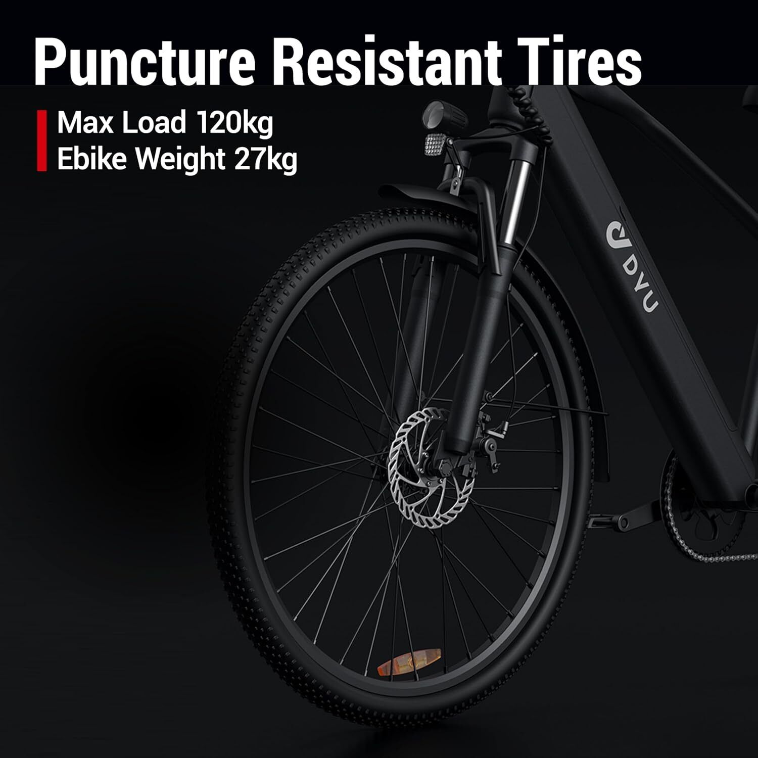 E-bike nera con pneumatici antiforatura. Carico max 120 kg, peso 27 kg. Logo DYU visibile. Freni a disco.