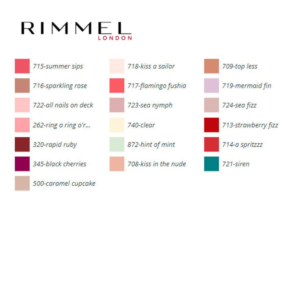 Tabella colori smalti. Contiene nomi e numeri dei colori. Marchio: Rimmel London. Viene mostrato il colore 740 Clear.