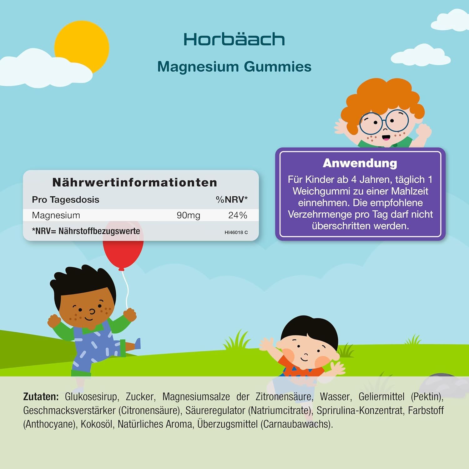 Horbaach Magnesium Gummies. Testo: Uso, informazioni nutrizionali, ingredienti. Illustrazioni di bambini e un raggio di sole.