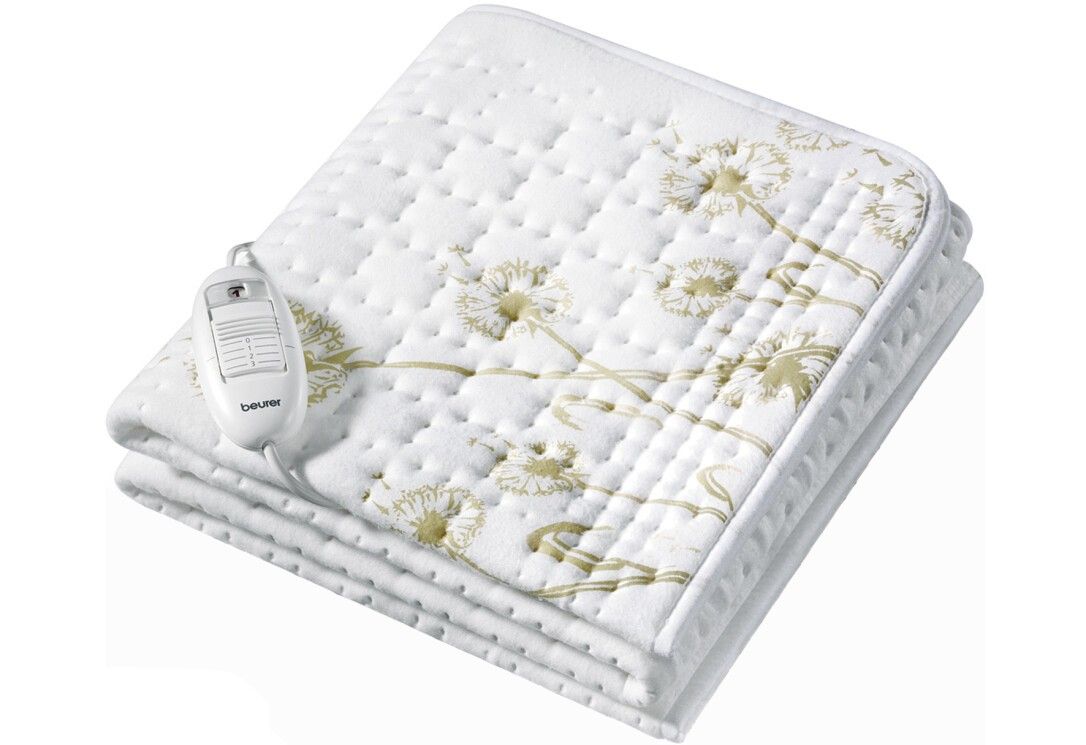 Sottocoperta termico bianco piegato con motivo floreale. Con comando. Marchio: Beurer.