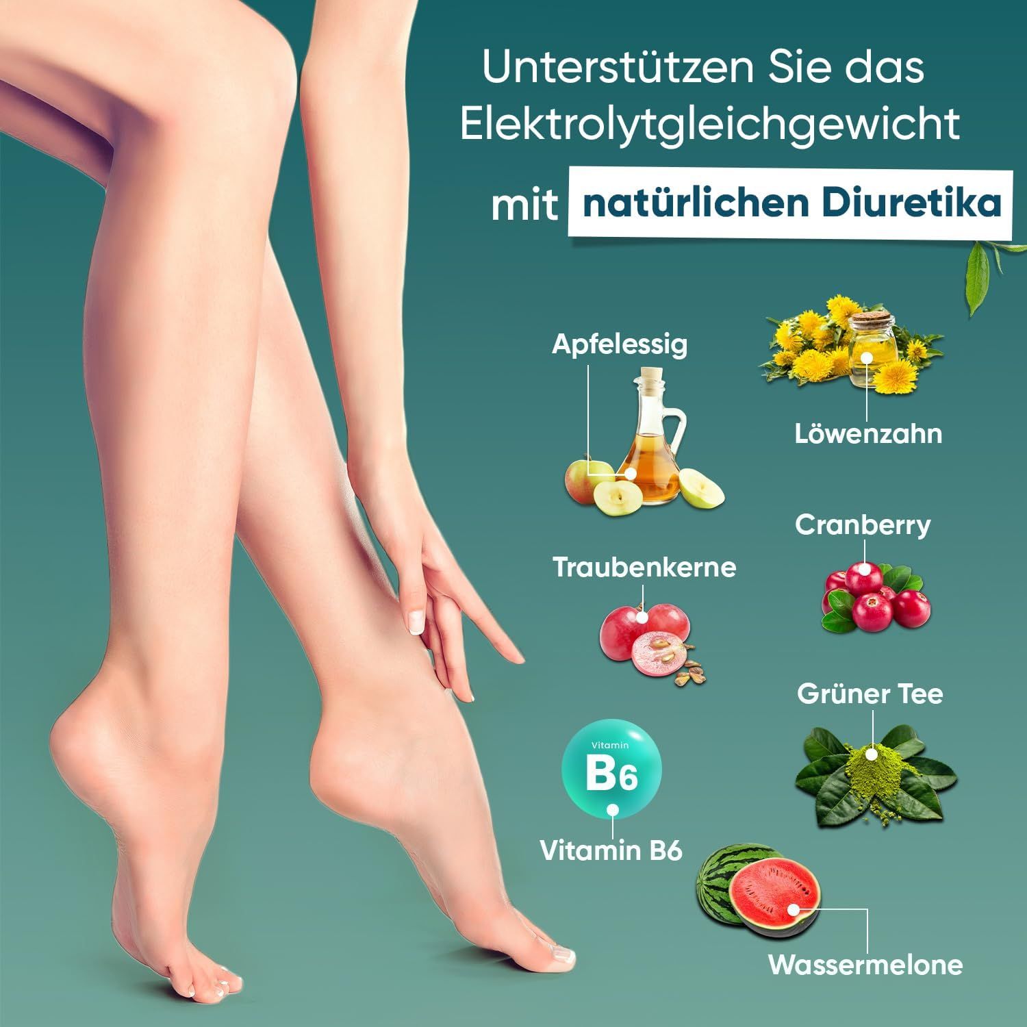 Gambe. Ingredienti: Aceto di mele, tarassaco, mirtillo rosso, tè verde, anguria, vitamina B6.