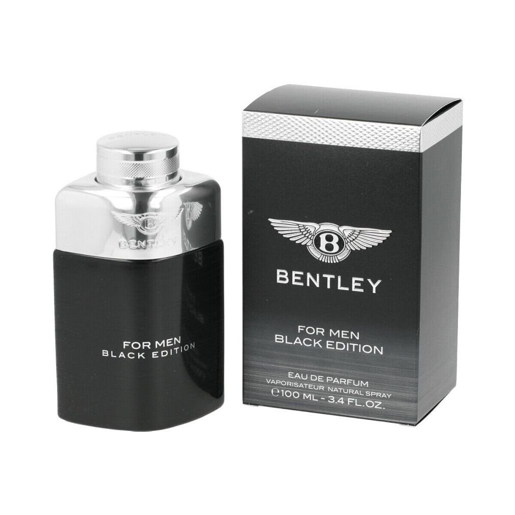 Flacone e confezione Bentley For Men Black Edition. Flacone nero, tappo argentato, testo bianco.